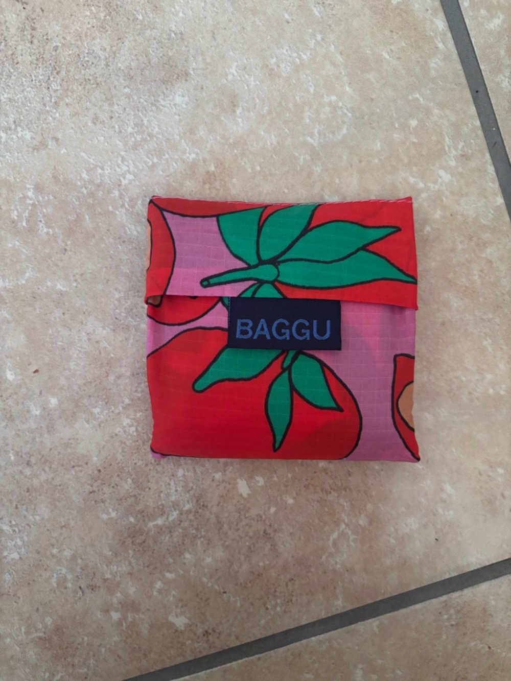 BAGGU Compact Reusable Bag - Red & Pink with Green Leaf Print BABY
